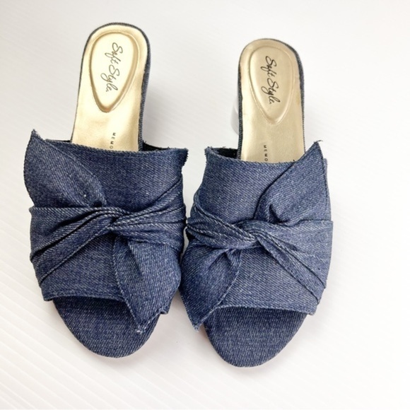 Soft Style Slides womens size 7.5 Denim Bow Flat sandals - Picture 2 of 9